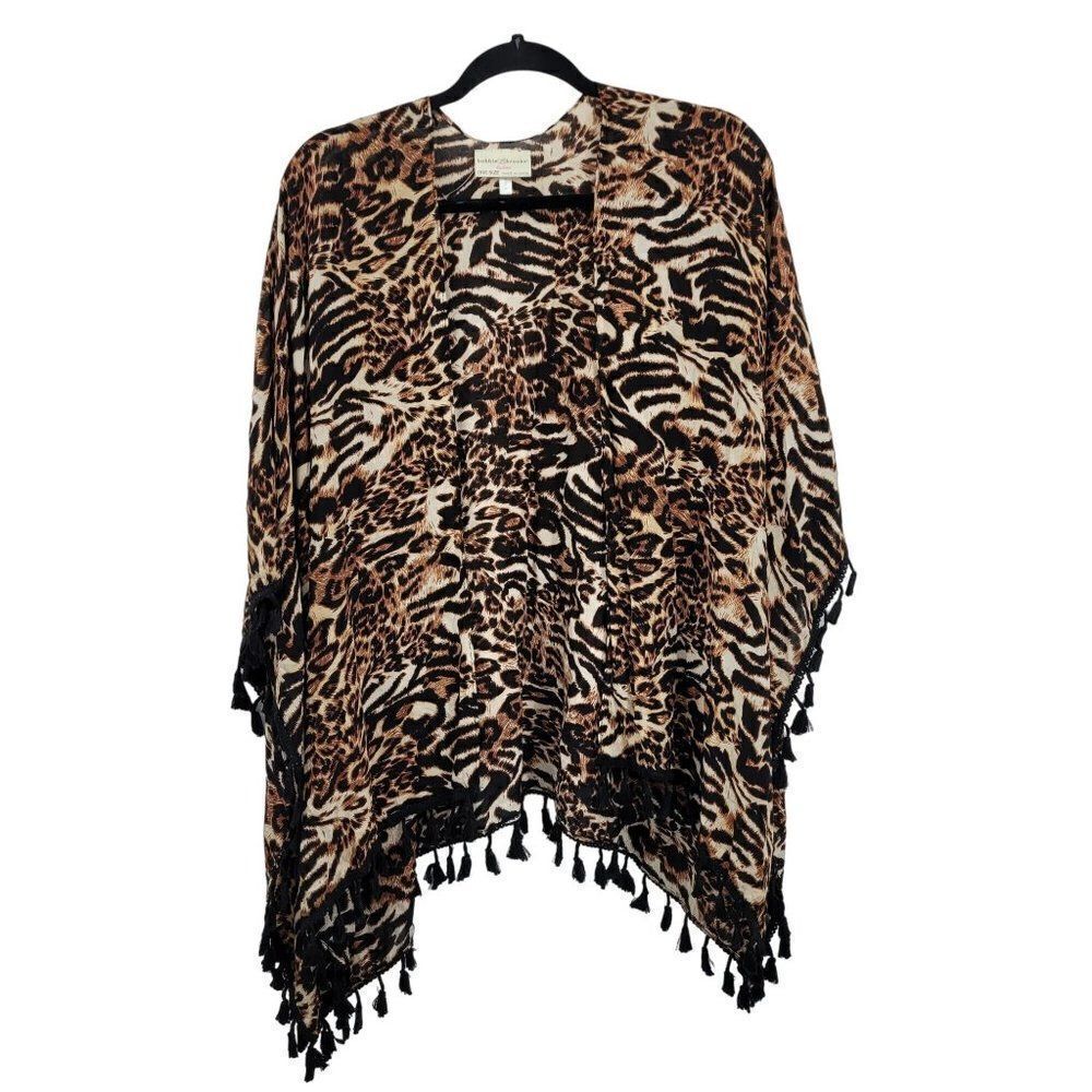 Bobbie Brooks Lightweight Leopard Fringed Kimono Cardigan Poncho Shrug Brown